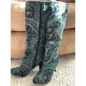Vintage Diba Velvet Paisley Print Knee High Boots Sz 9.5 Jewel Tones Y2k